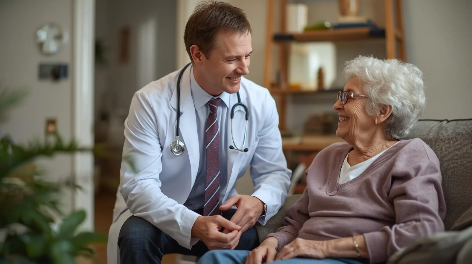Médico realizando una visita domiciliaria a un paciente mayor como cobertura del seguro de salud privado