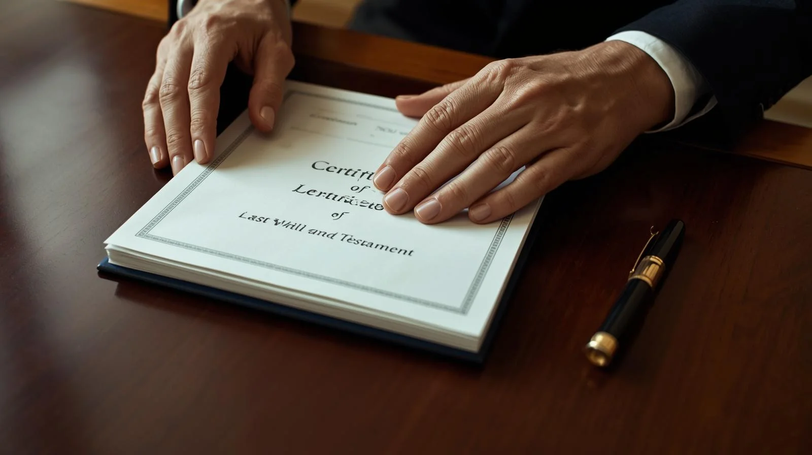 Manos sosteniendo documentos oficiales junto a un bolígrafo sobre una mesa, trámites del certificado de últimas voluntades