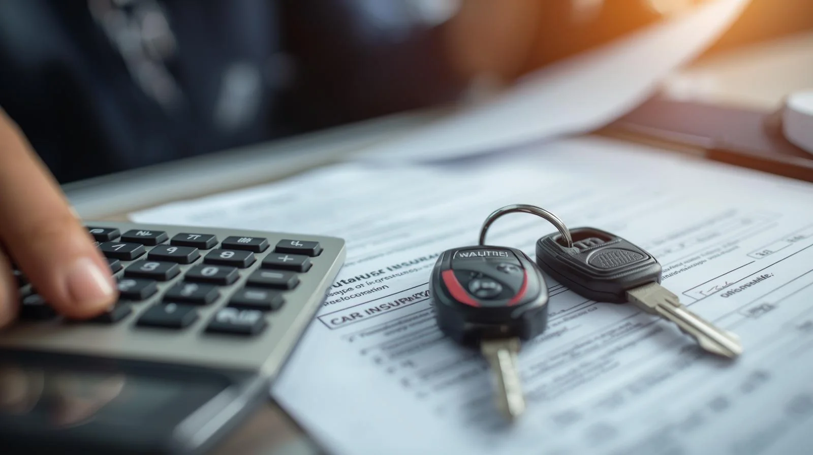 Conductor revisando documentación de su seguro de coche con calculadora y llaves sobre la mesa