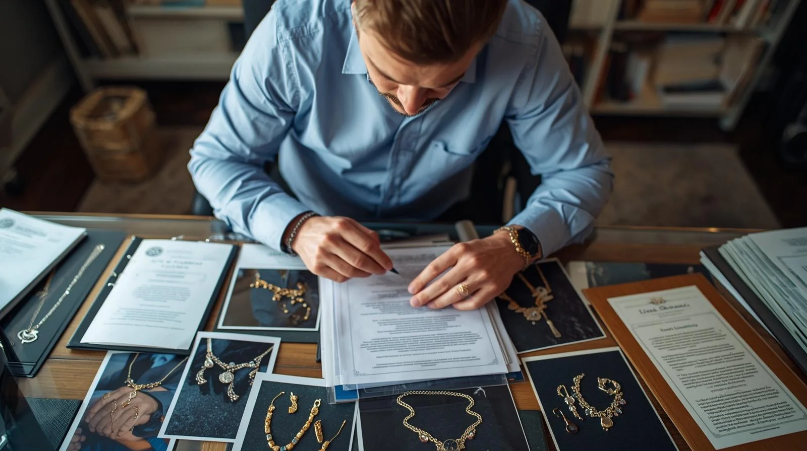 Persona realizando inventario de joyas con fotografías y documentación para declarar en el seguro de hogar