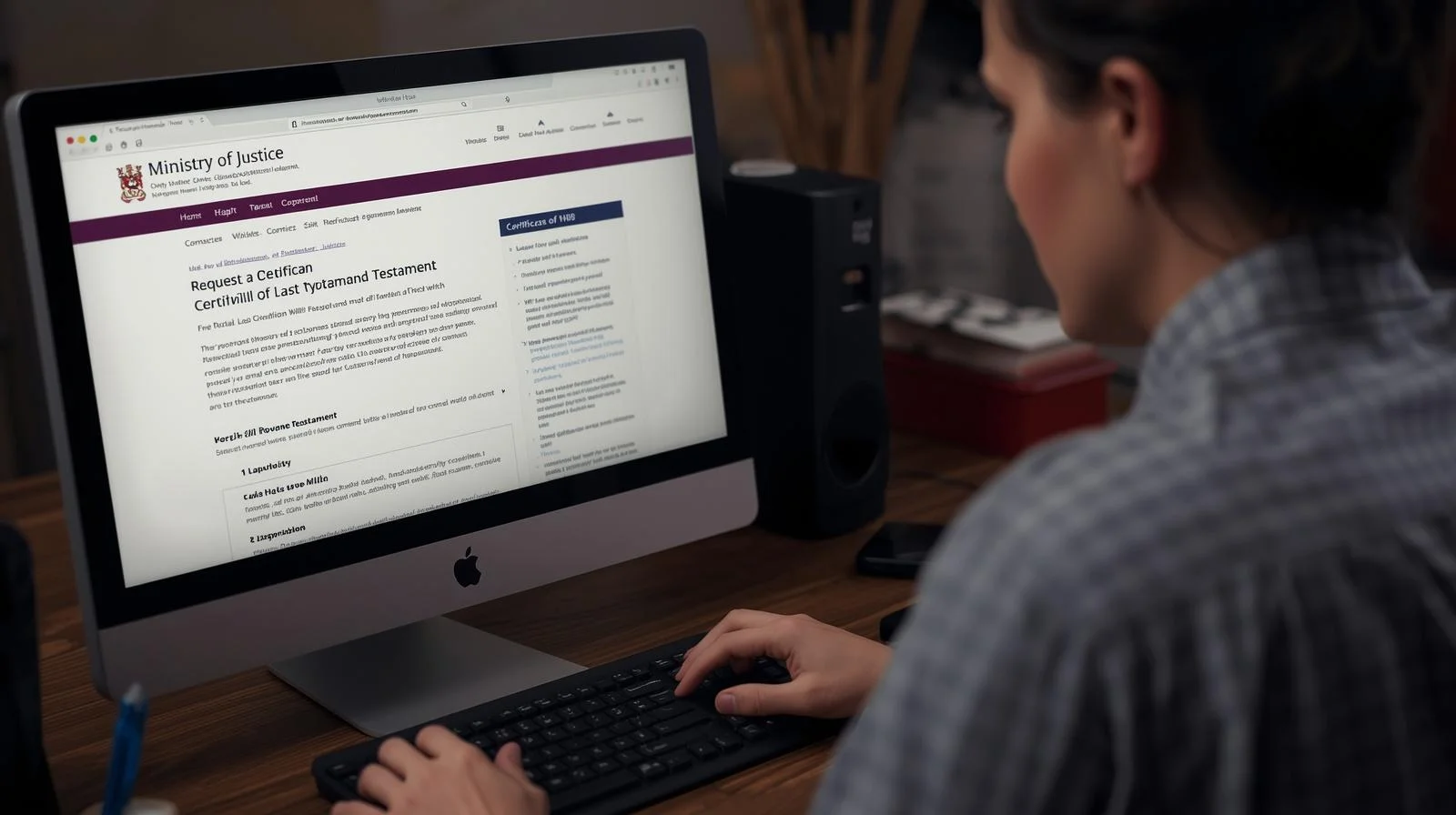Persona consultando el portal del Ministerio de Justicia para solicitar el certificado de últimas voluntades desde su ordenador