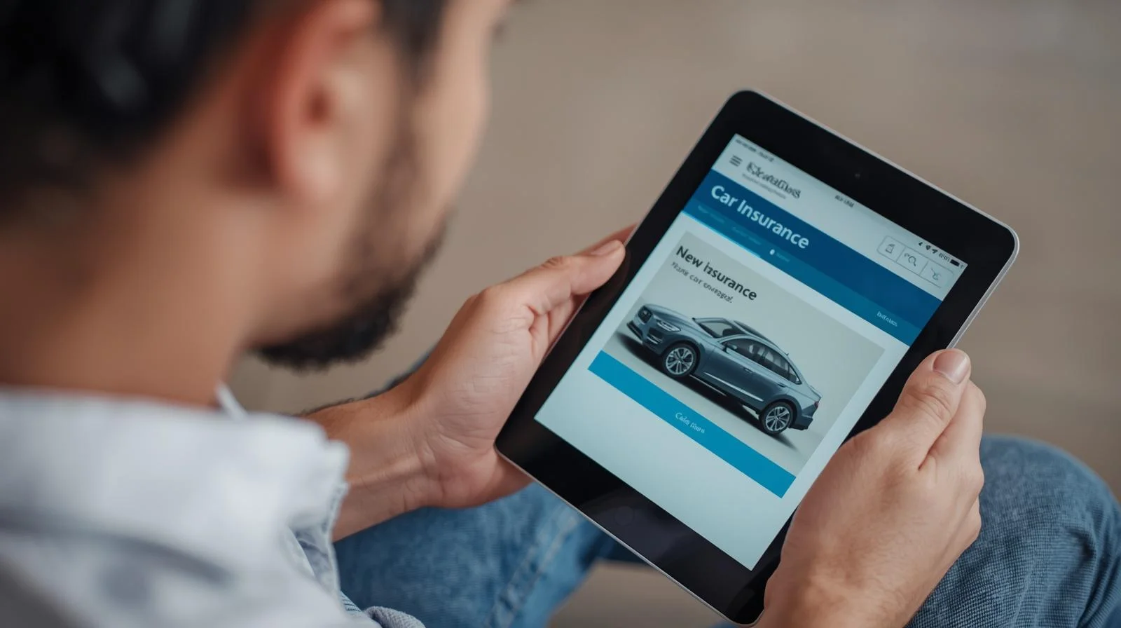 Persona comparando coberturas de seguro de coche para vehículo nuevo en una tableta digital