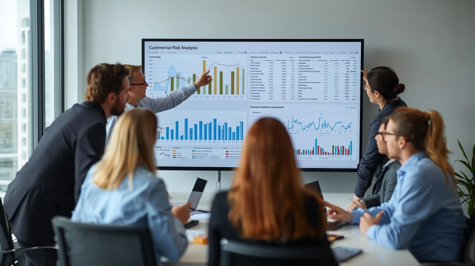Equipo financiero de empresa revisando informe de análisis de riesgo comercial y solvencia de clientes