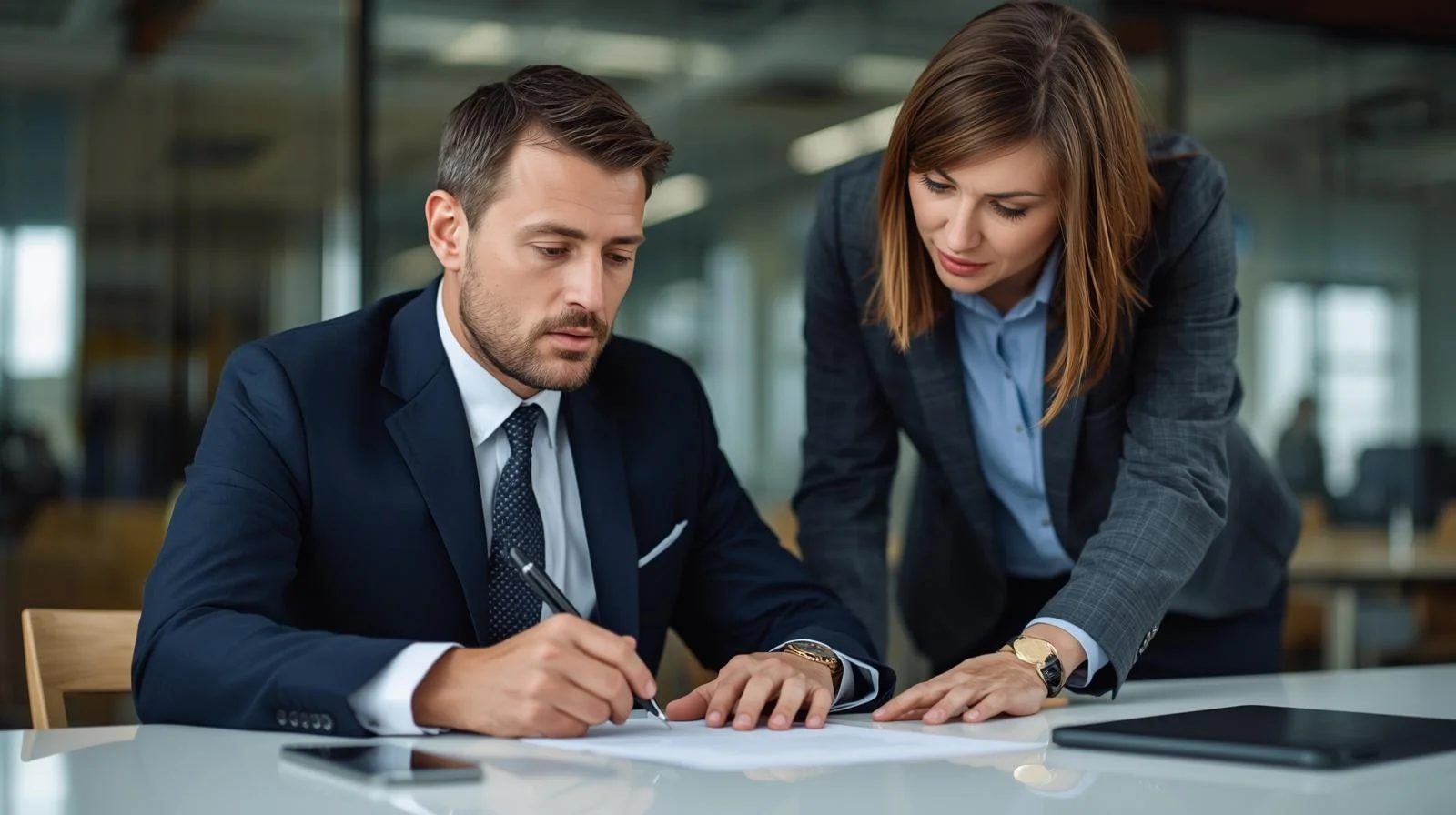 Directivo firmando contrato de seguro de crédito con asesor de seguros especializados en empresas