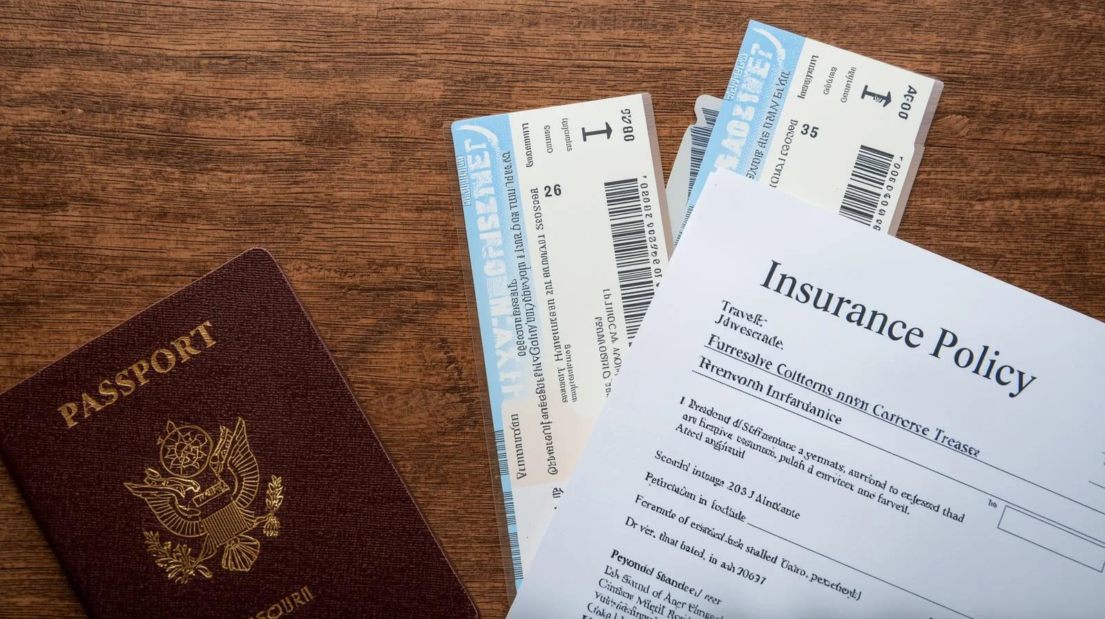 Pasaporte, billetes de avión y documentación de póliza de seguro sobre una mesa