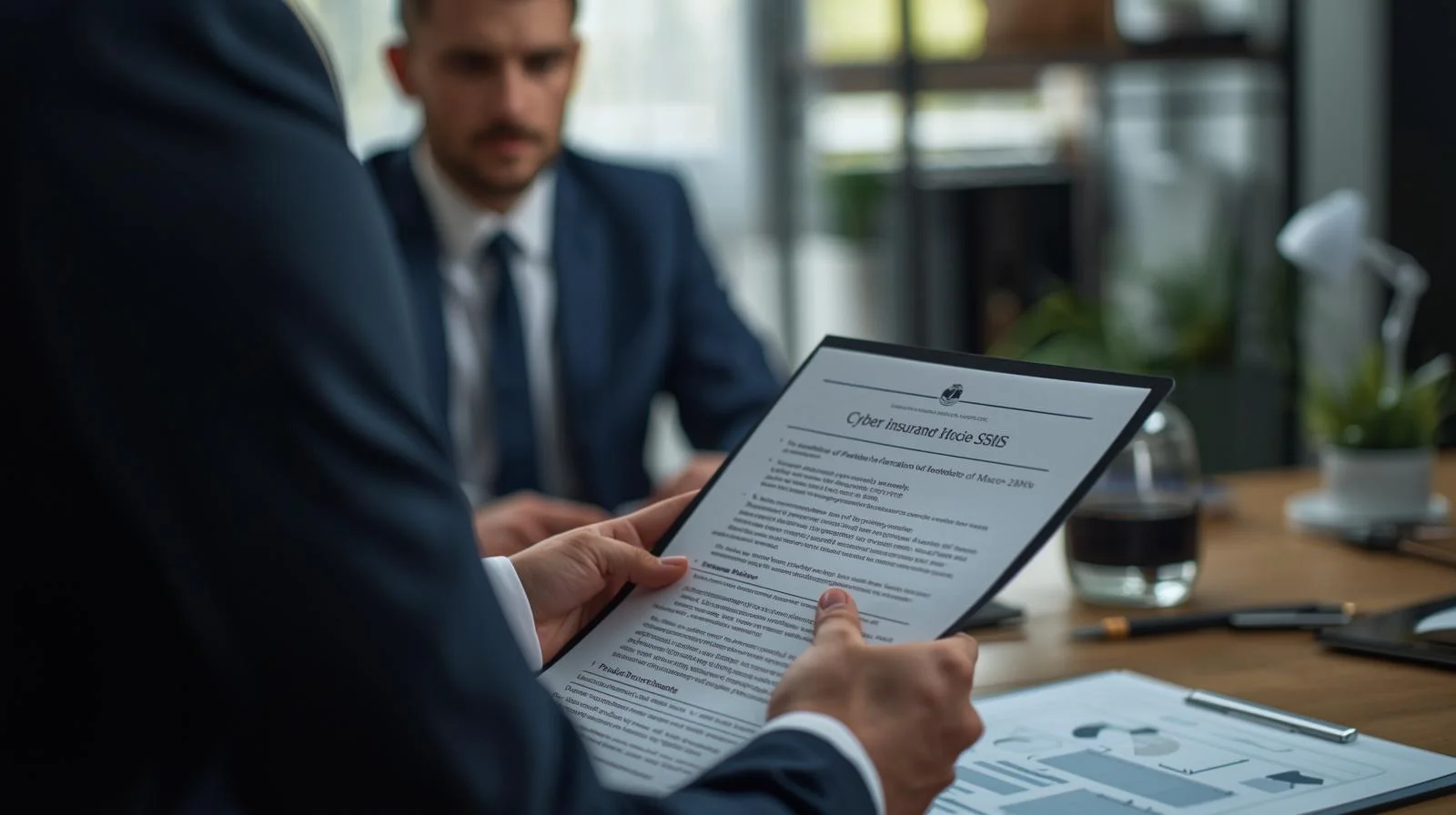 Asesor analizando póliza de ciberseguro para micro-pyme junto a autónomo que trabaja desde casa