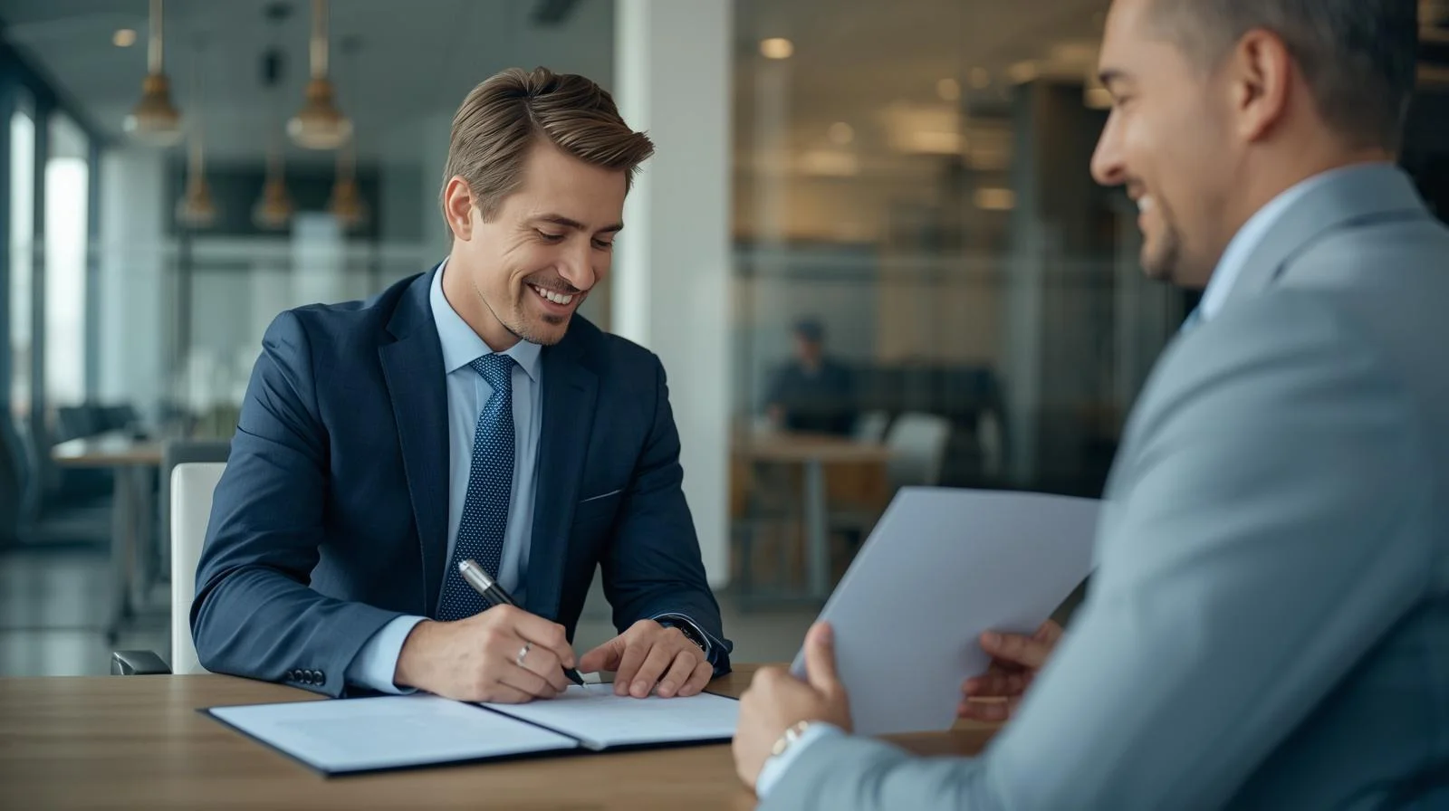 Empresario firmando contrato de seguro D&O con asesor de seguros