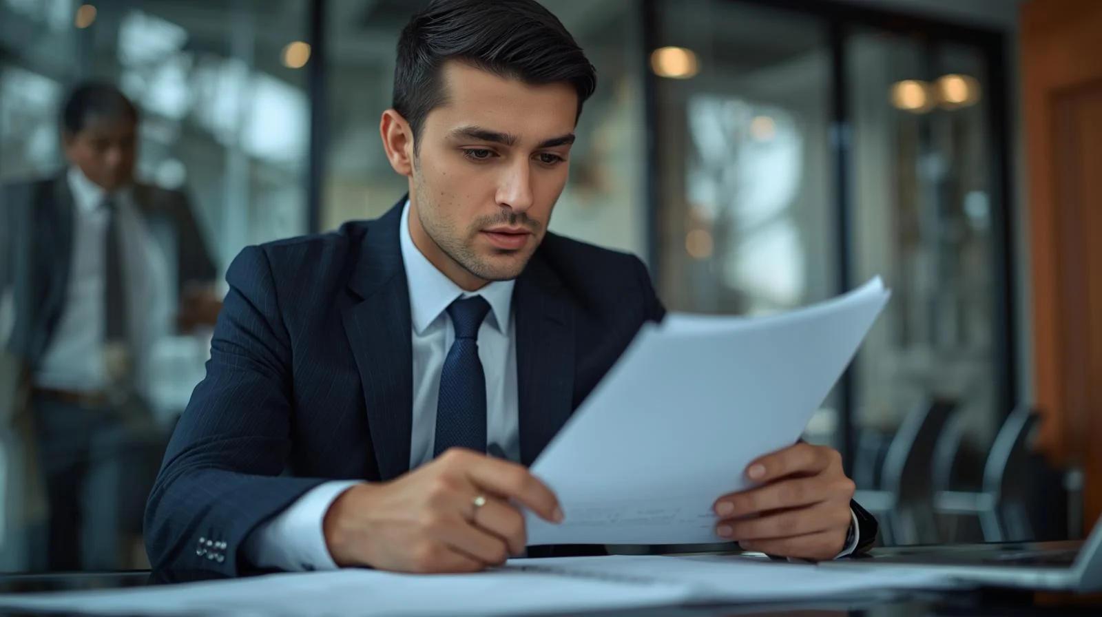 Abogado revisando expediente de reclamación contra directivo de empresa