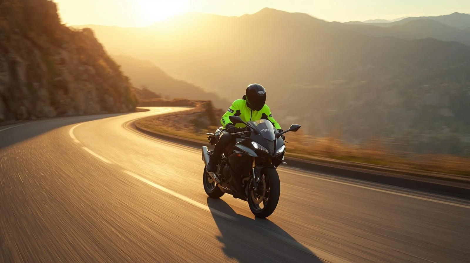 Importancia de la visibilidad en la seguridad del motorista Motorista en carretera curva con chaqueta reflectante, atardecer dorado, moto deportiva en movimiento lento