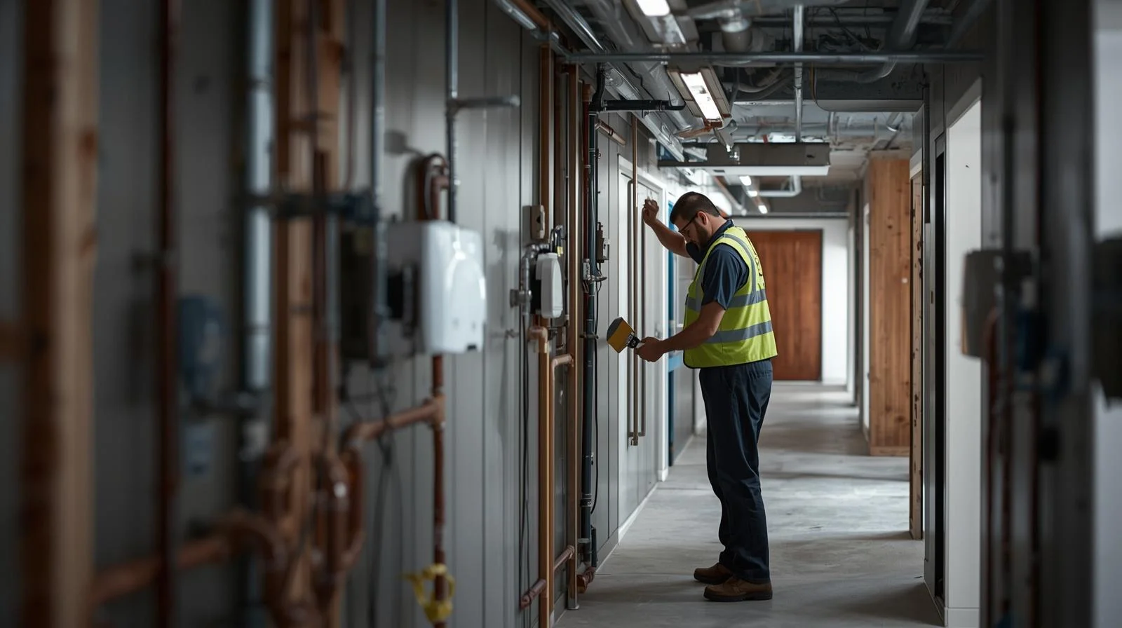Técnico revisando instalaciones comunes de un edificio residencial para valorar el seguro de la comunidad