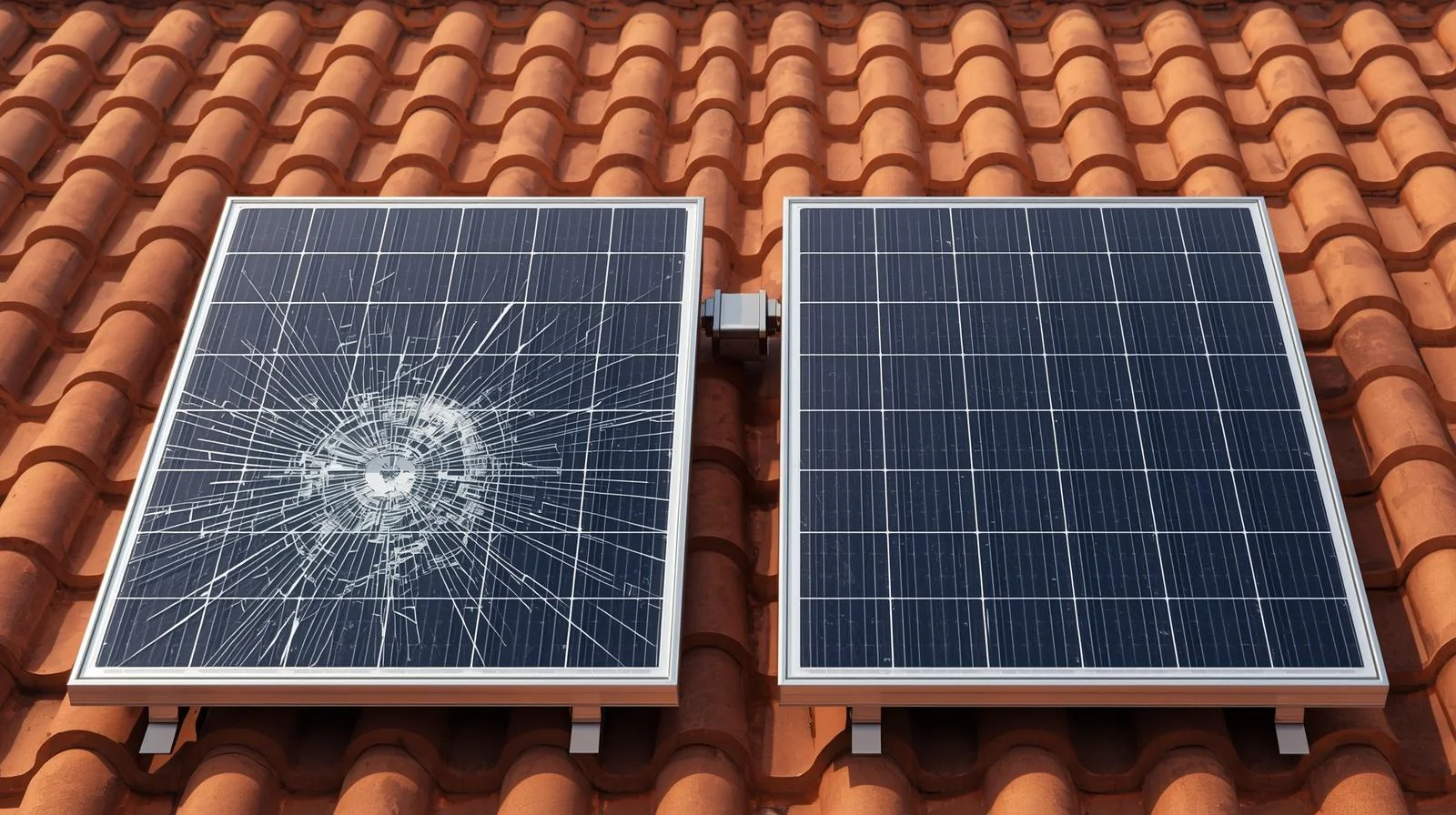 La garantía del fabricante cubre defectos; el seguro cubre daños causados por fenómenos externos como granizo, viento o robo Comparación visual entre panel solar dañado por granizo y otro en perfecto estado