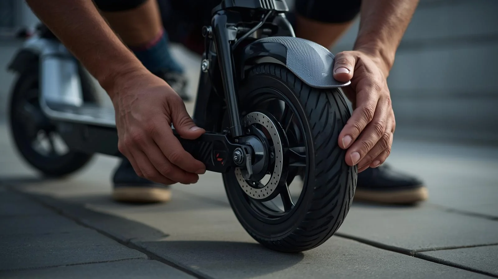 Consejos de seguridad y mantenimiento para patinetes eléctricos en España Usuario revisando el estado de las ruedas y frenos de su patinete eléctrico antes de salir