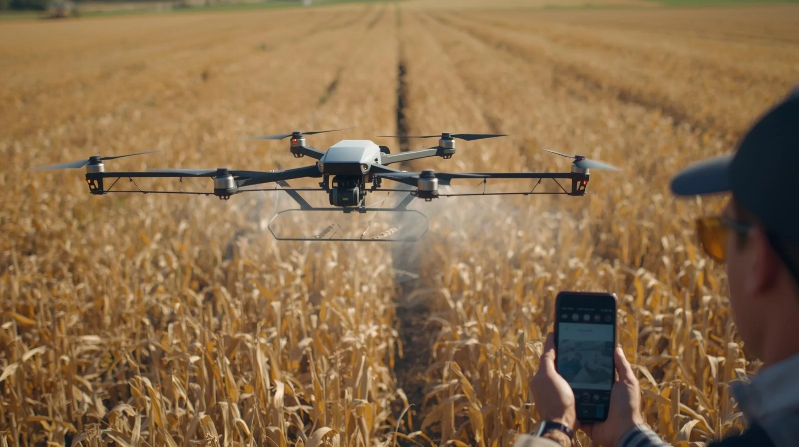 Dron agrícola pulverizando cultivos en campo abierto bajo supervisión de operario