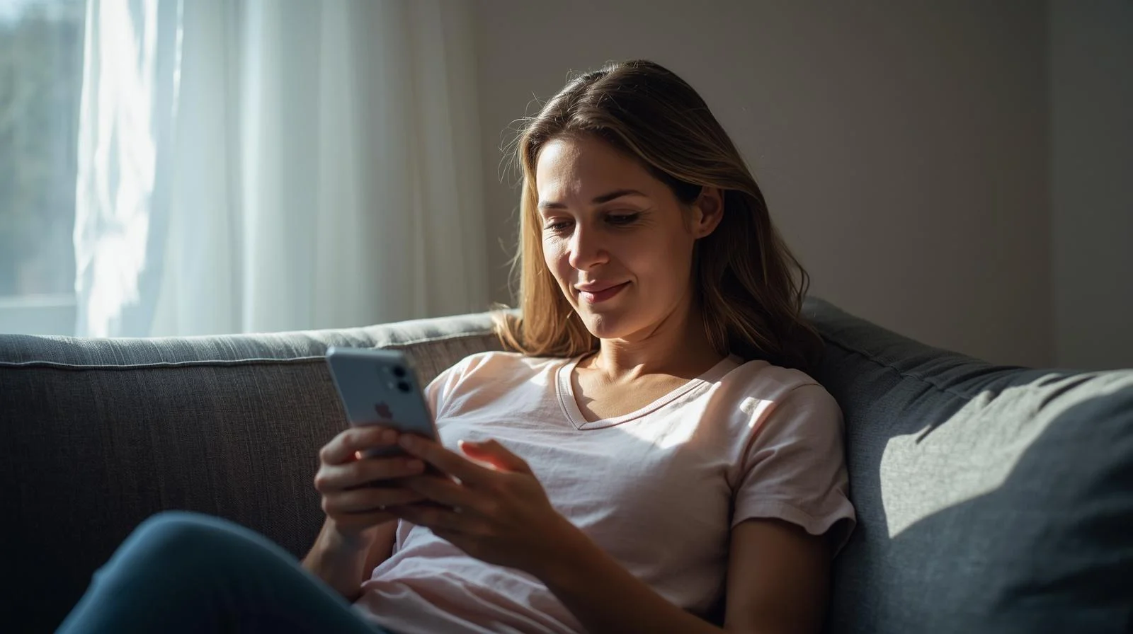 Revisar coberturas del seguro de salud antes de consultar por trastornos del sueño Mujer adulta revisando coberturas de su seguro de salud en el móvil antes de pedir cita con especialista del sueño