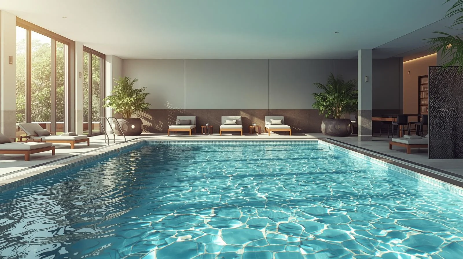 Seguros para comunidades con piscina comunitaria abierta todo el año Piscina climatizada de una comunidad de propietarios con agua transparente y zona de descanso en invierno