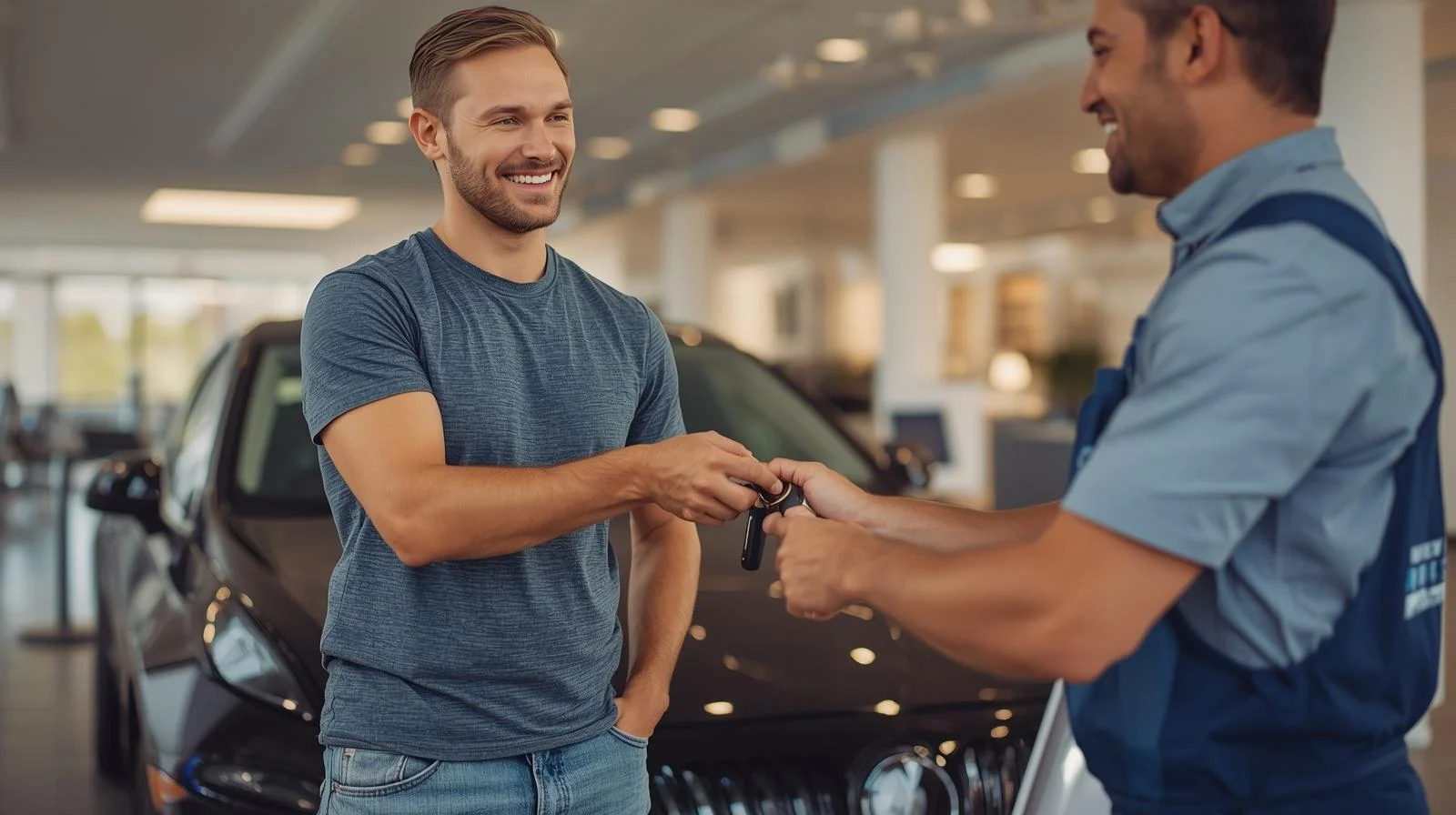 Entrega de coche reparado en taller concertado tras gestión de siniestro Conductor recogiendo las llaves de su coche reparado en la recepción de un taller concertado