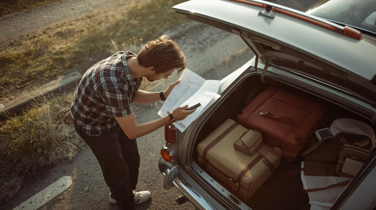 Pareja revisando un mapa de carreteras y la documentación del seguro de coche apoyados en el capó de su vehículo