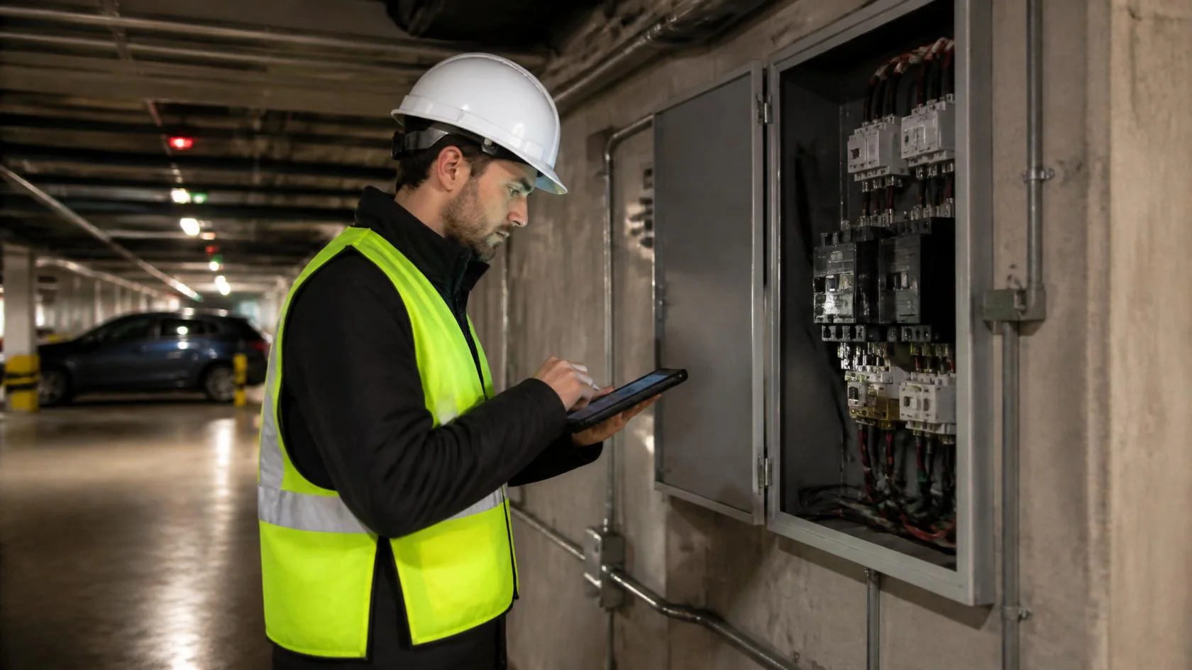Perito revisando el cuadro eléctrico de un garaje comunitario tras una incidencia con un punto de recarga
