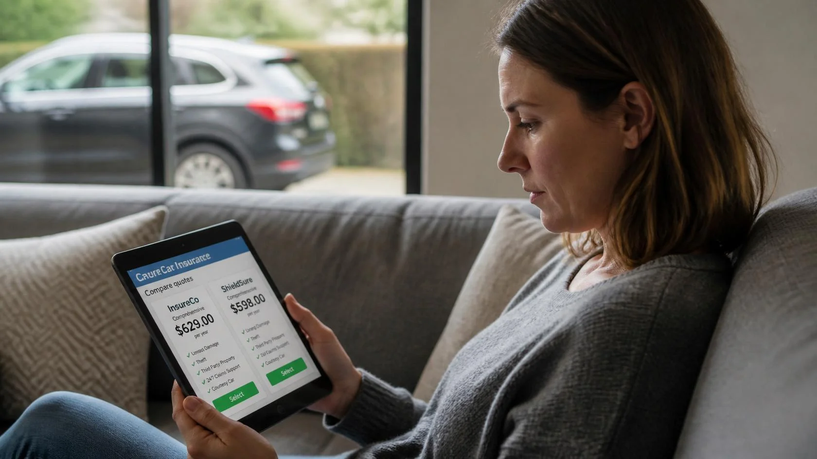 Persona comparando dos pólizas de seguro de coche en una tablet, con un coche familiar visible al fondo en un garaje