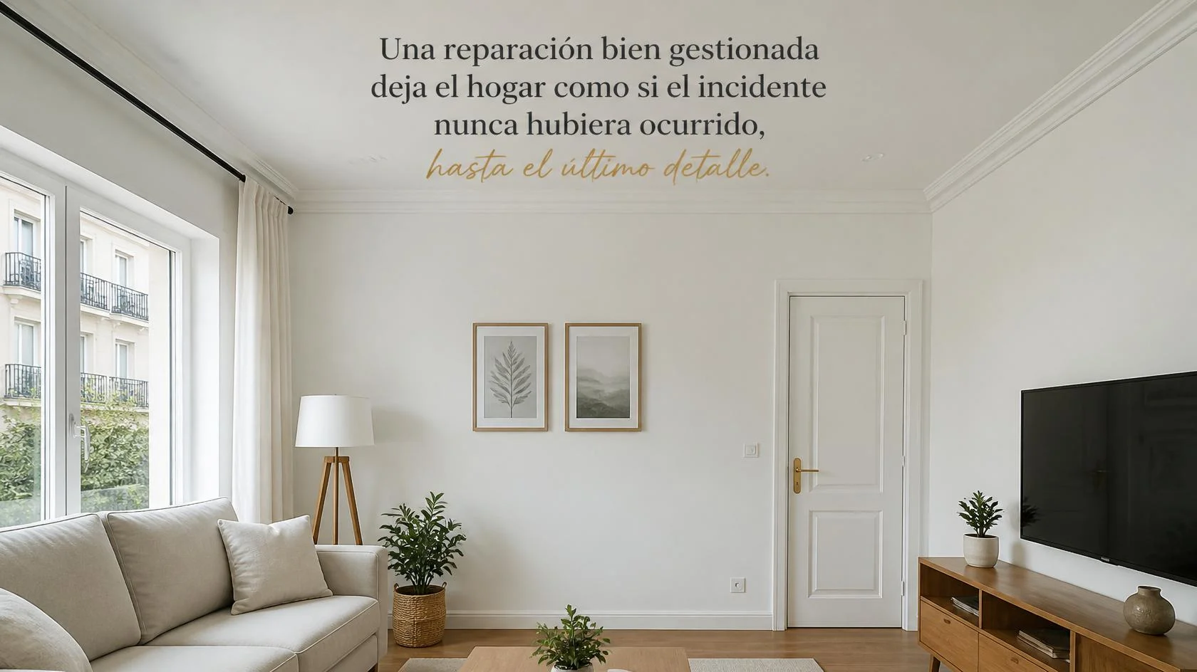 Techo y pared ya reparados tras un siniestro de daños por agua provocado por una filtración del piso superior