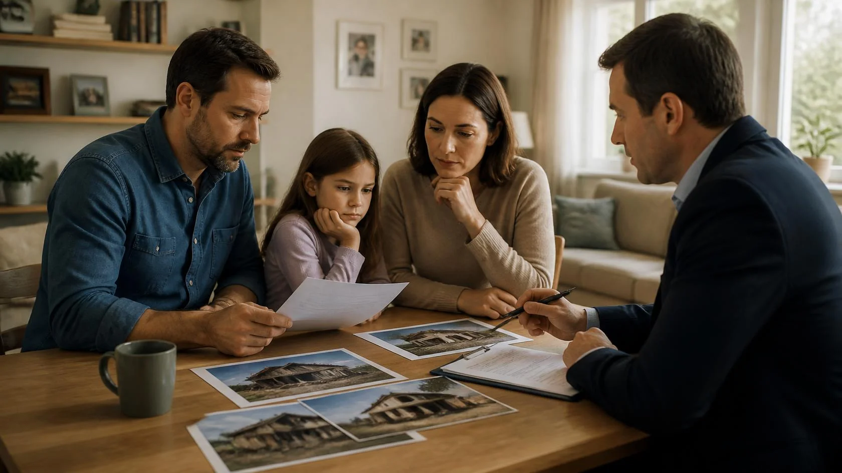 Familia revisando junto a su mediador de seguros los documentos y fotografías de los daños tras un incendio