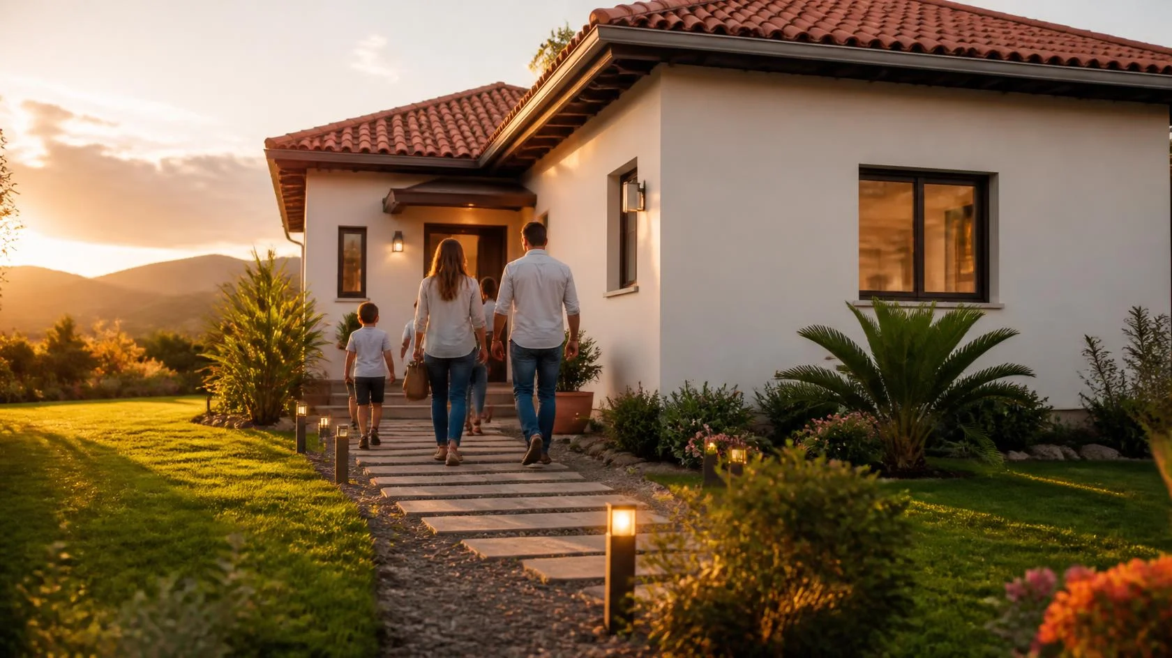 Vivienda de familia recién reconstruida tras un incendio forestal, con jardín renovado y luz de tarde