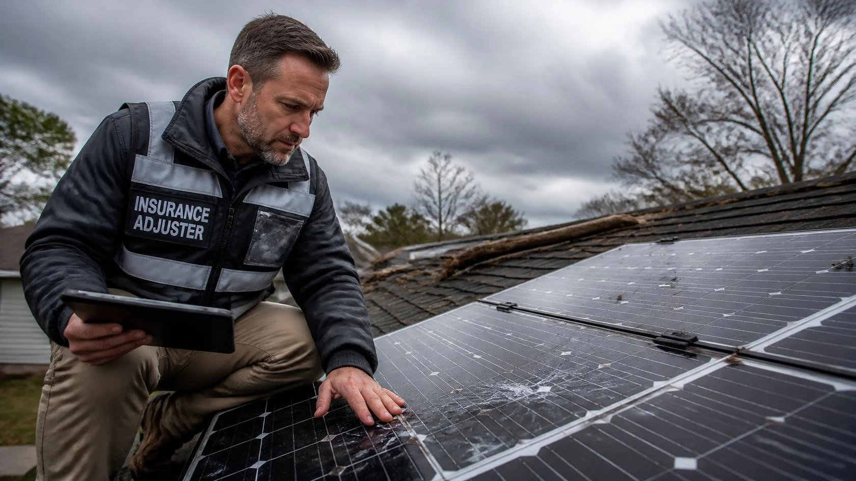 Perito de seguros inspeccionando placas solares dañadas tras una tormenta en un tejado residencial