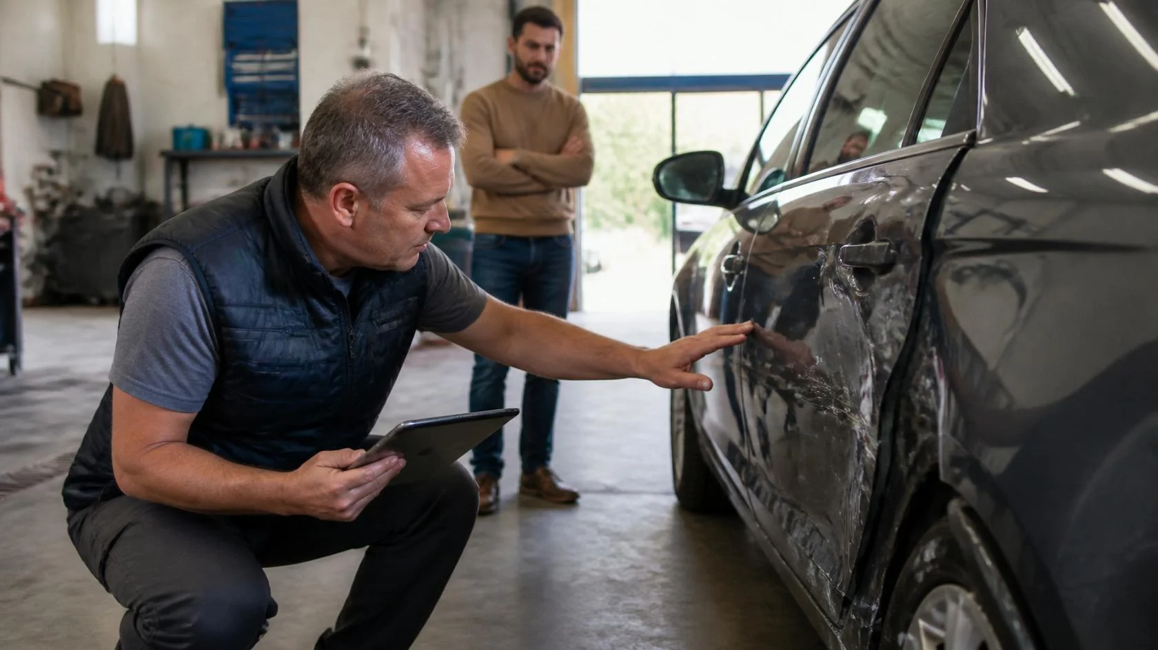 Perito de seguros examinando los daños de un coche en un taller mientras el propietario observa