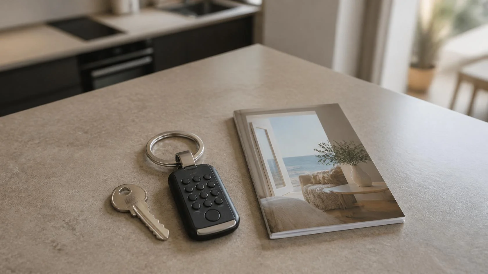Detalle de una llave y un llavero digital electrónico sobre la encimera de una cocina de apartamento turístico