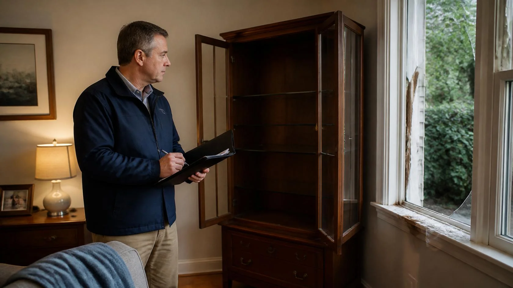 Perito de seguros tomando notas junto a una vitrina vacía tras un robo en una vivienda