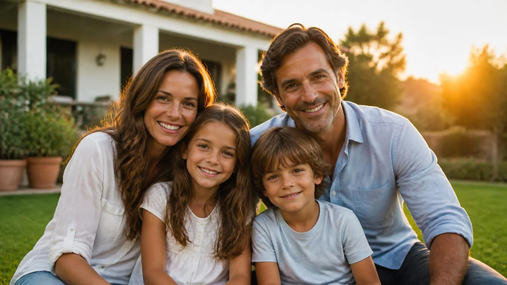 Familia sonriendo en el jardín de casa, tranquila tras haber contratado un seguro de vida