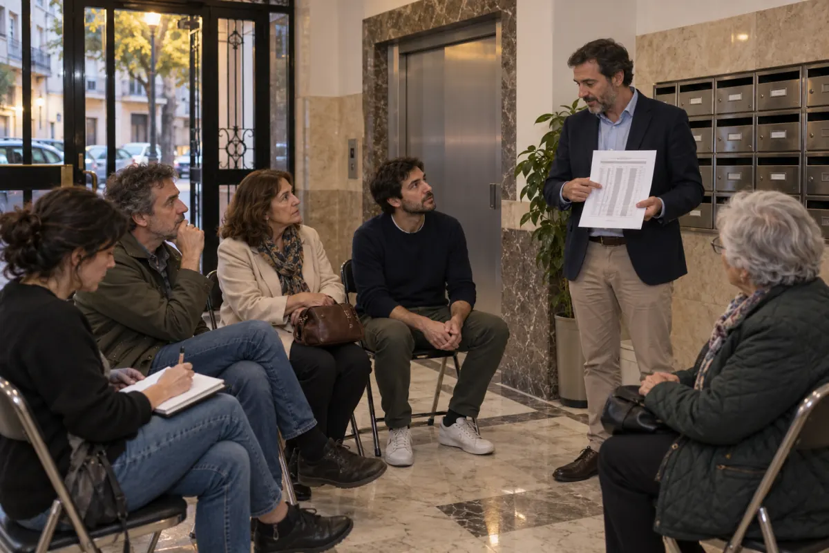 Administrador de fincas revisando los seguros con la junta de propietarios