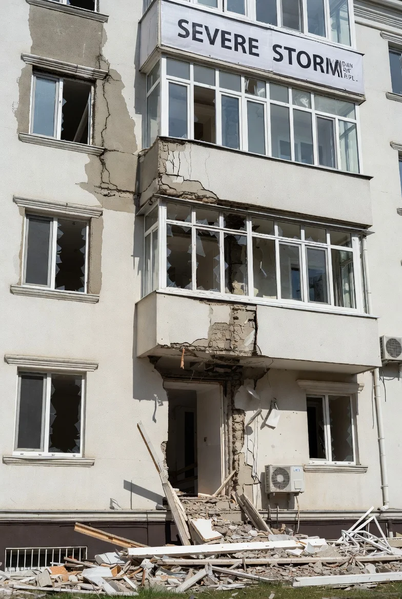 Fachada de edificio residencial con daños estructurales cubiertos por seguro multirriesgo de comunidades