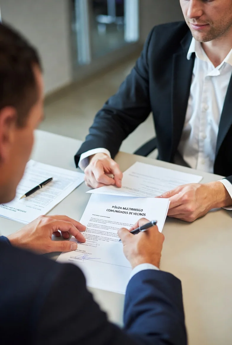 Asesor de seguros revisando póliza multirriesgo con administrador de fincas de comunidad de vecinos