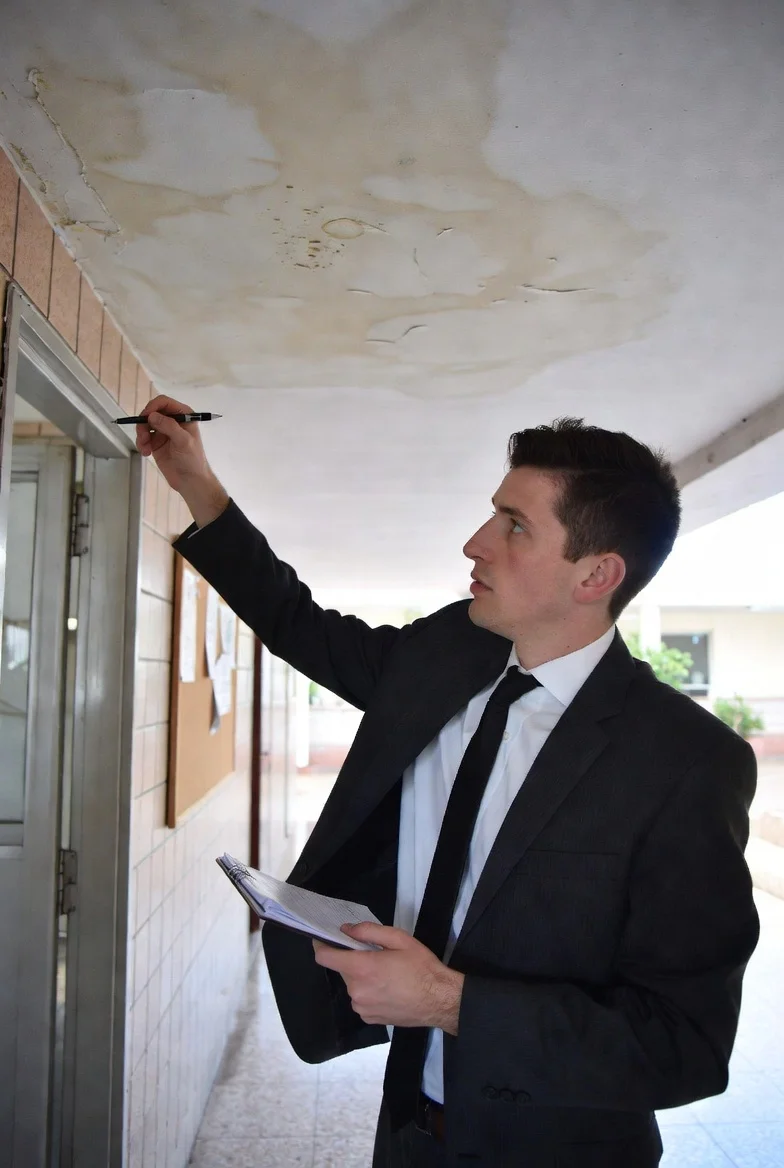 Perito de seguros evaluando daños por agua en zona común de una comunidad de vecinos