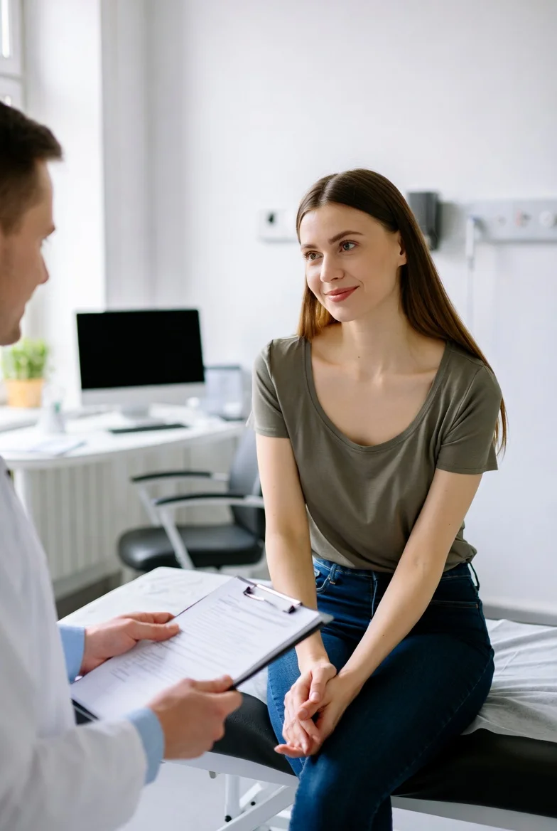 Empleada satisfecha usando su seguro de salud en consulta médica privada gracias a la póliza colectiva de su empresa