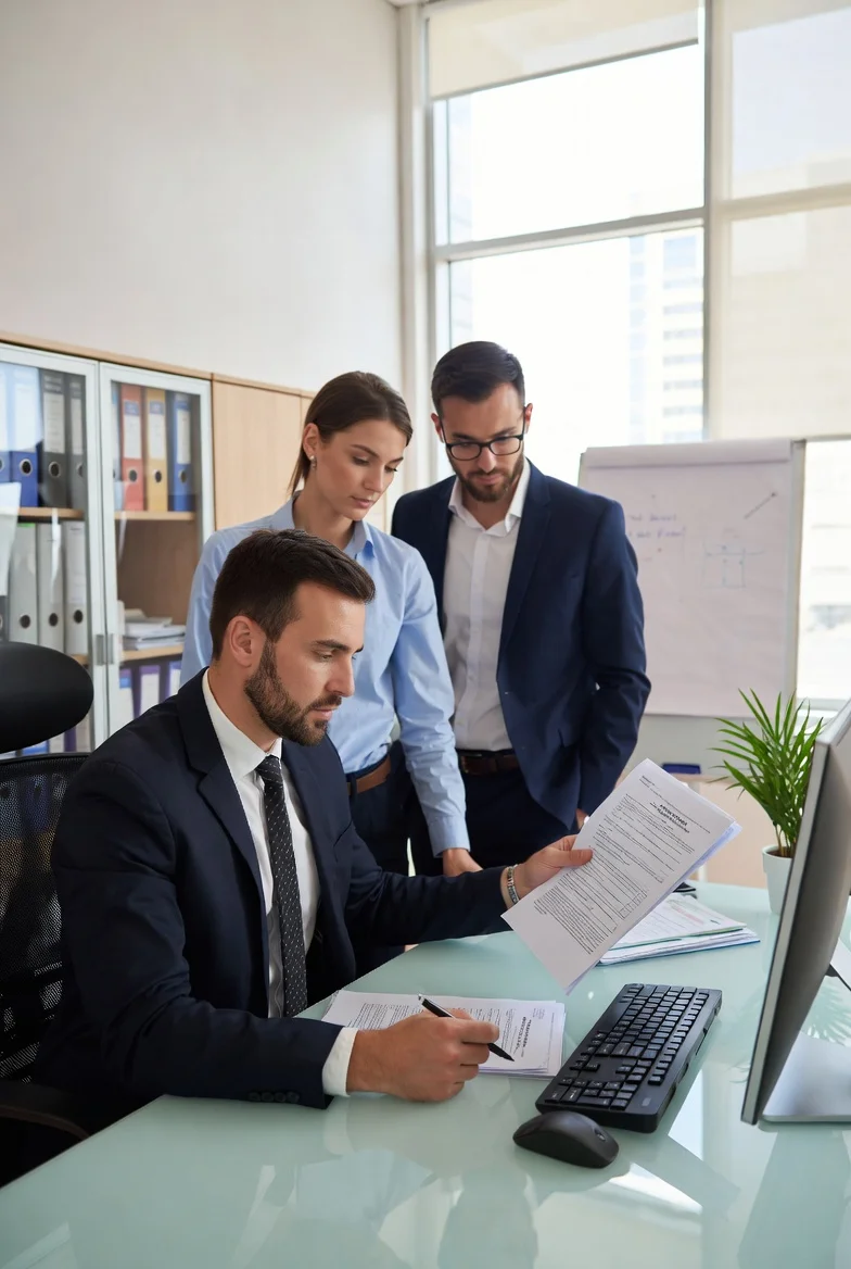 Empresario revisando póliza colectiva de seguro de salud para empleados con su equipo de RRHH