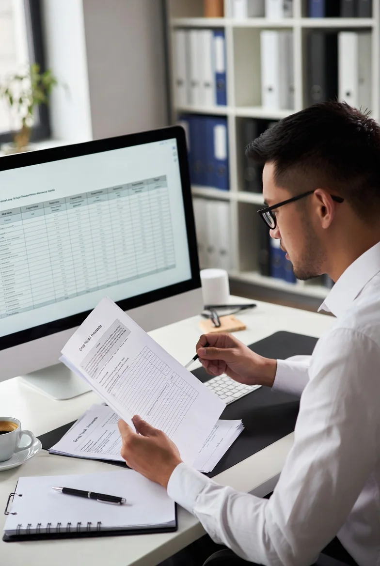 Responsable de RRHH revisando propuestas de seguro colectivo de salud para empleados de la empresa