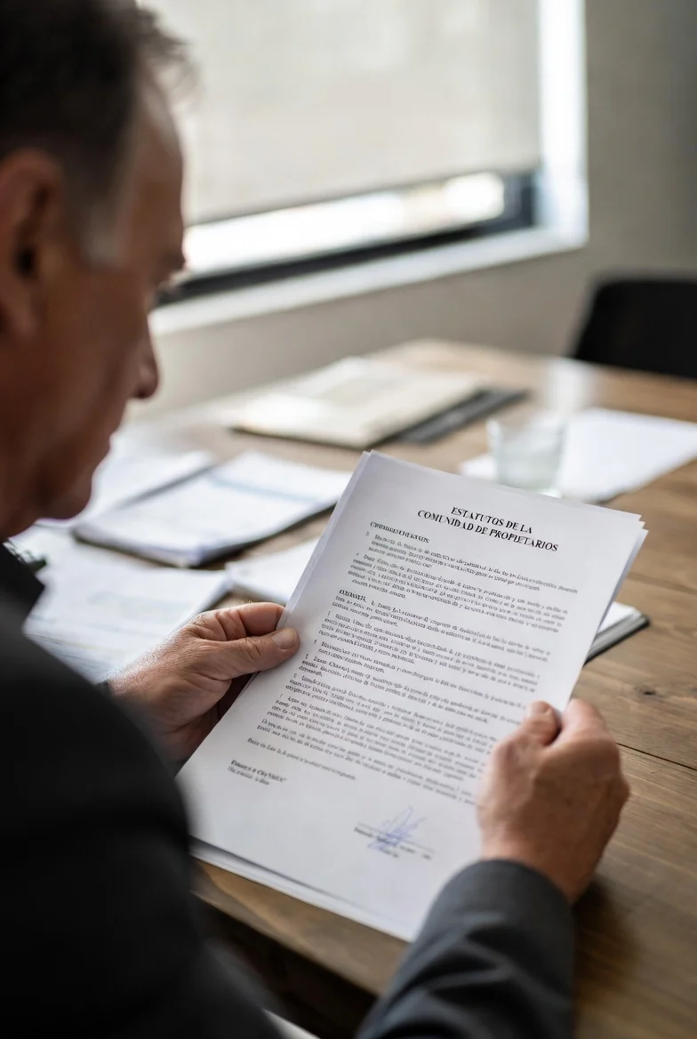 Propietario revisando estatutos de la comunidad antes de solicitar autorización para cambiar ventanas