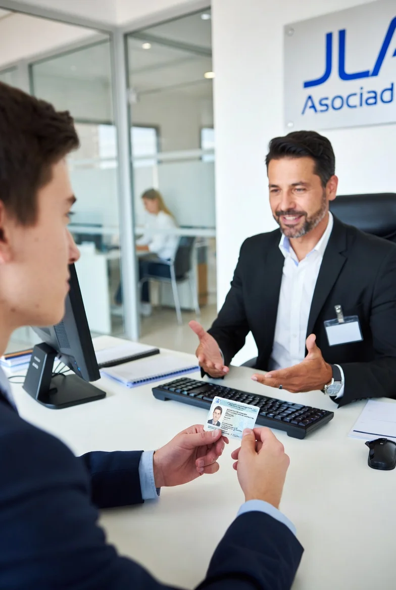 Asesor de JLA Asociados explicando coberturas de seguro de coche a un conductor novel recién titulado