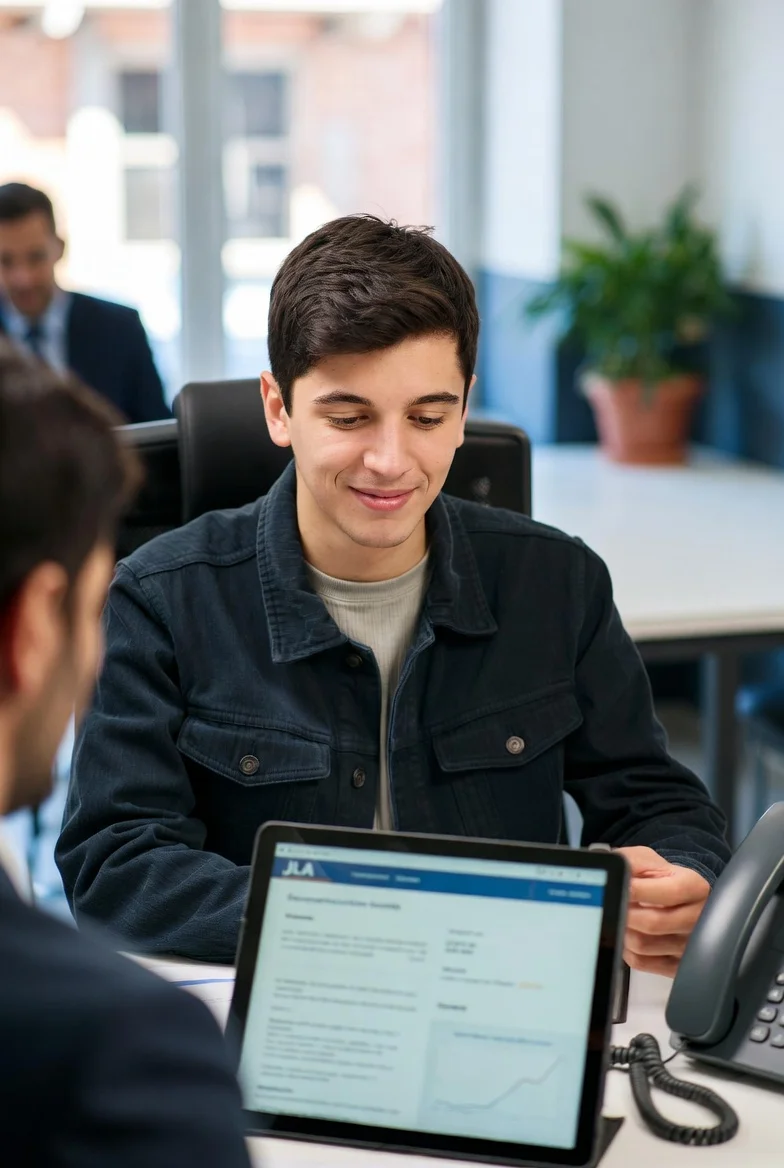 Joven conductor novel comparando ofertas de seguro de coche con un asesor de JLA Asociados
