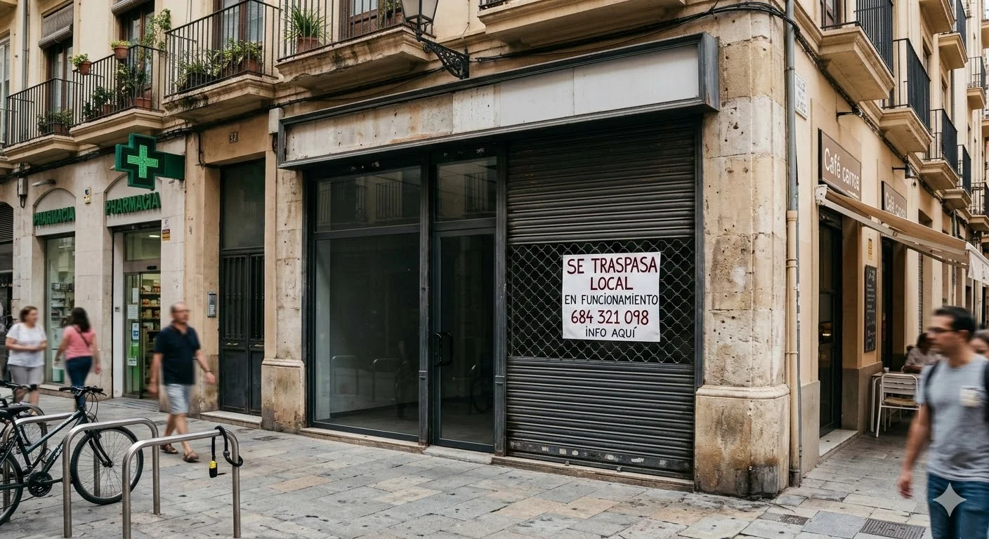 Local comercial cerrado con persiana bajada esperando reapertura, con cartel de traspaso en el escaparate