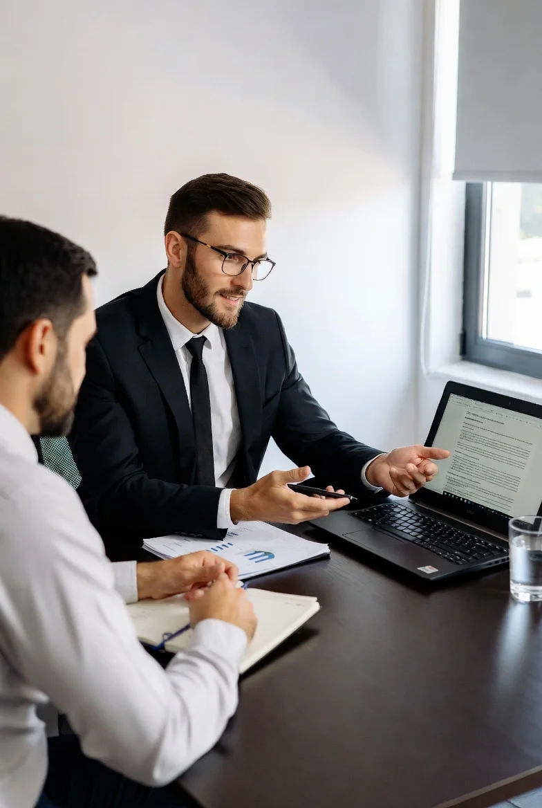Asesor de JLA Asociados explicando las coberturas del seguro de responsabilidad civil a un dueño de negocio