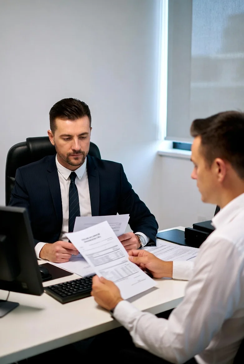 Dueño de comercio revisando su póliza de responsabilidad civil con un asesor de seguros para proteger su negocio
