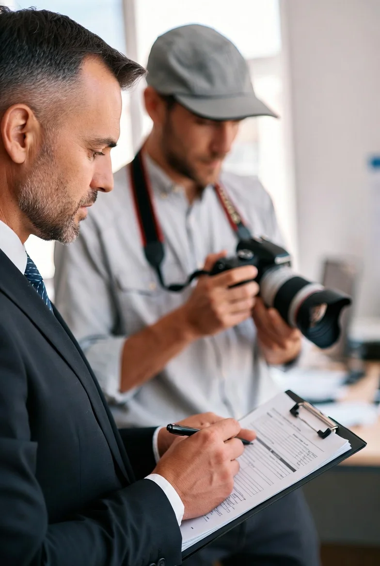 Asesor de JLA Asociados revisando con un fotógrafo profesional las coberturas del seguro para su equipo fotográfico
