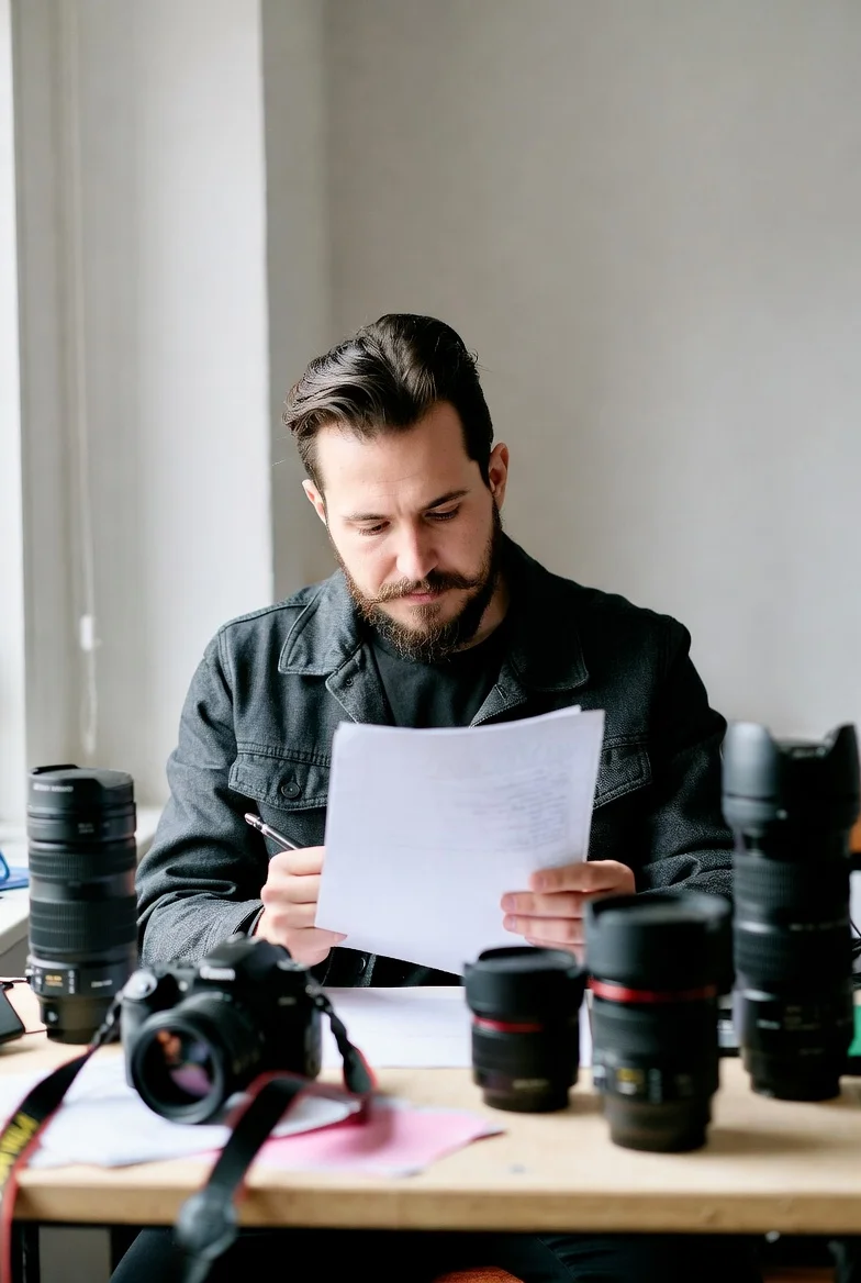 Fotógrafo profesional con cámara réflex y objetivos sobre una mesa revisando su seguro de equipo fotográfico