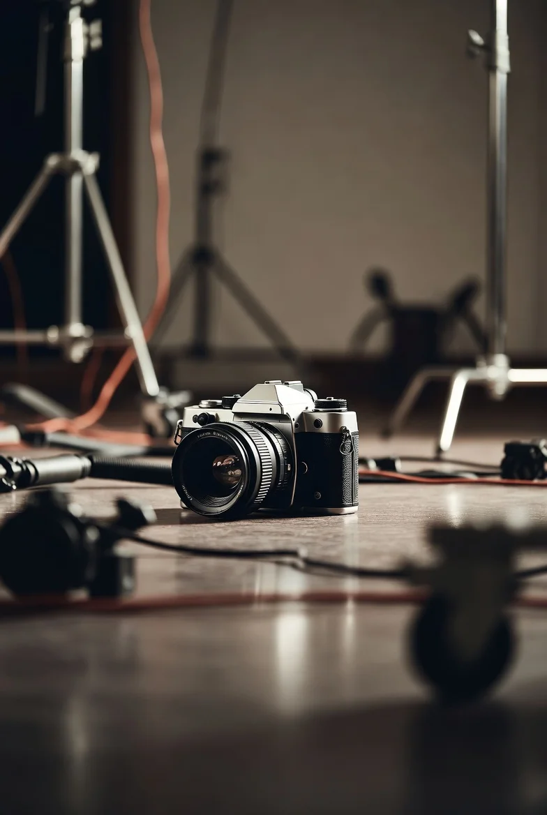 Cámara fotográfica caída en el suelo de un estudio fotográfico, escenario típico de siniestro cubierto por el seguro de equipo fotográfico