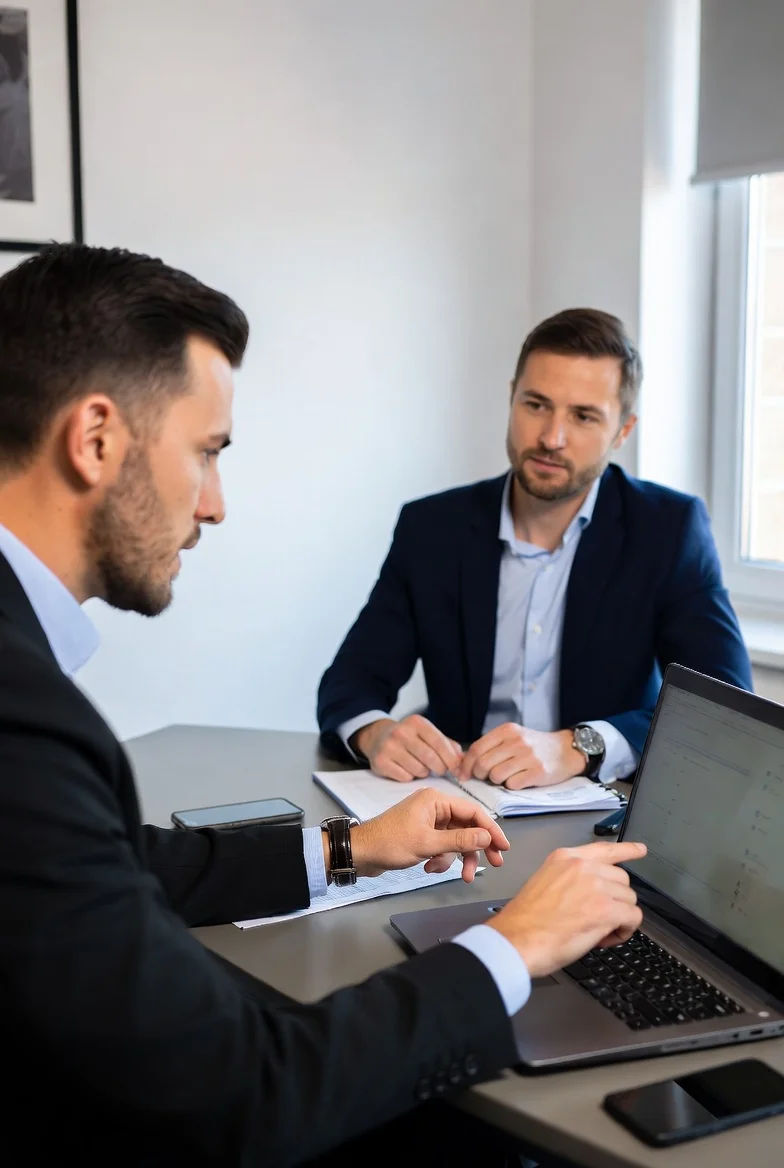 Asesor de JLA Asociados explicando las coberturas del seguro de ciberriesgos a un empresario de una pyme
