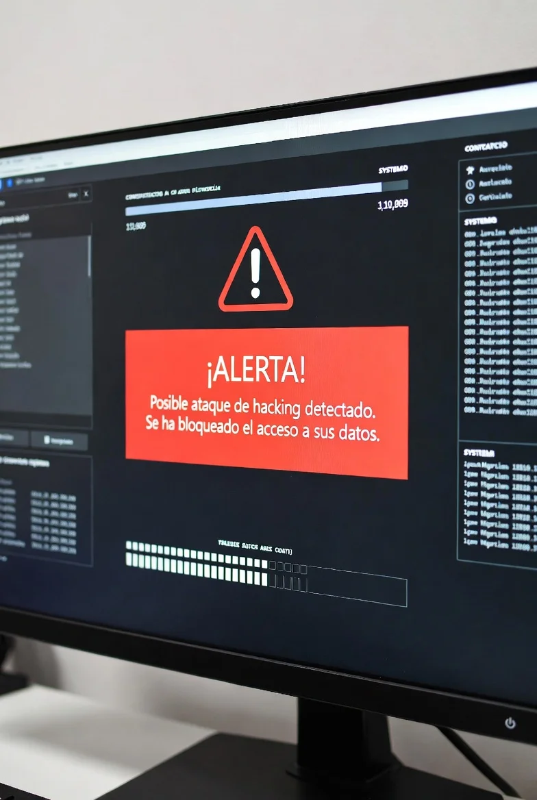 Pantalla de ordenador con alerta de ciberataque, representando la necesidad del seguro de ciberriesgos para particulares y pymes