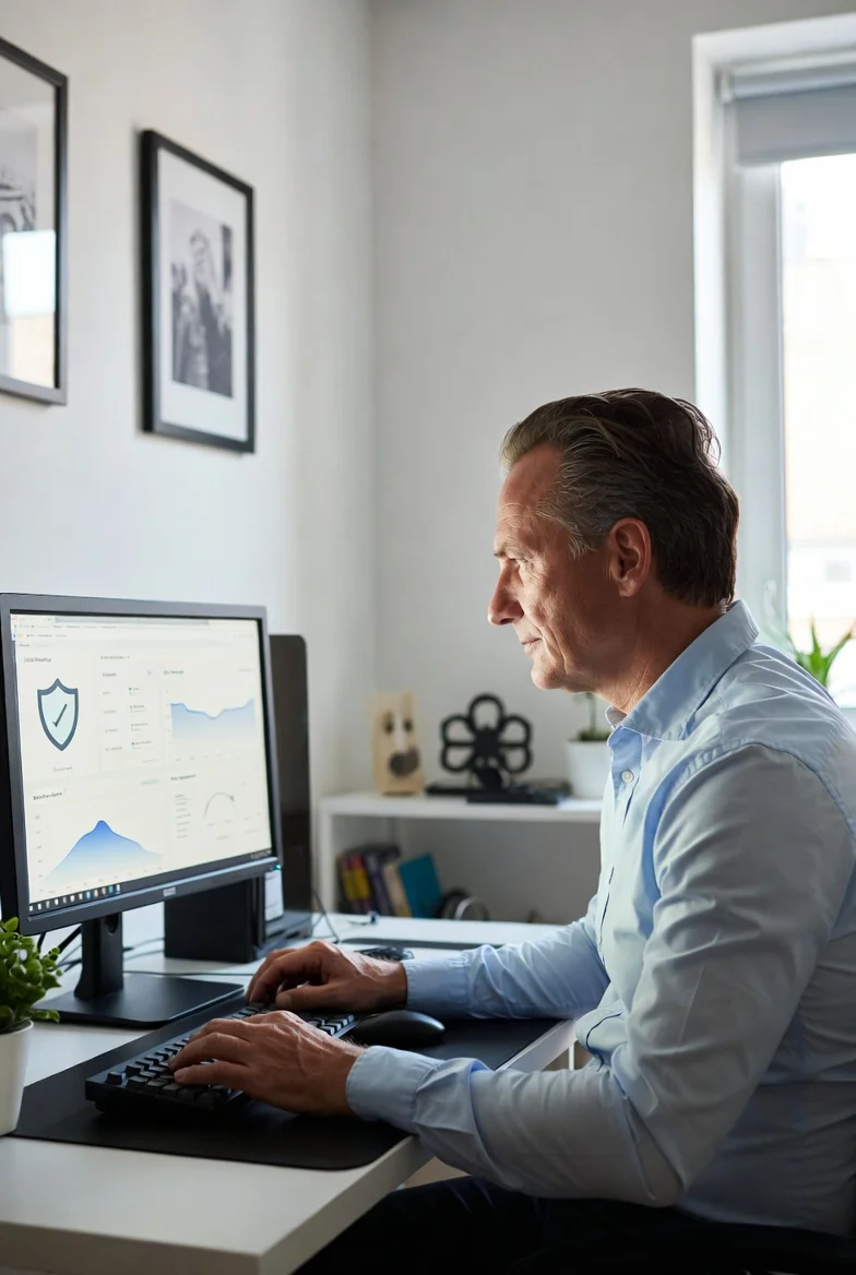 Empresario de una pyme revisando medidas de ciberseguridad en su ordenador para protegerse de ataques digitales